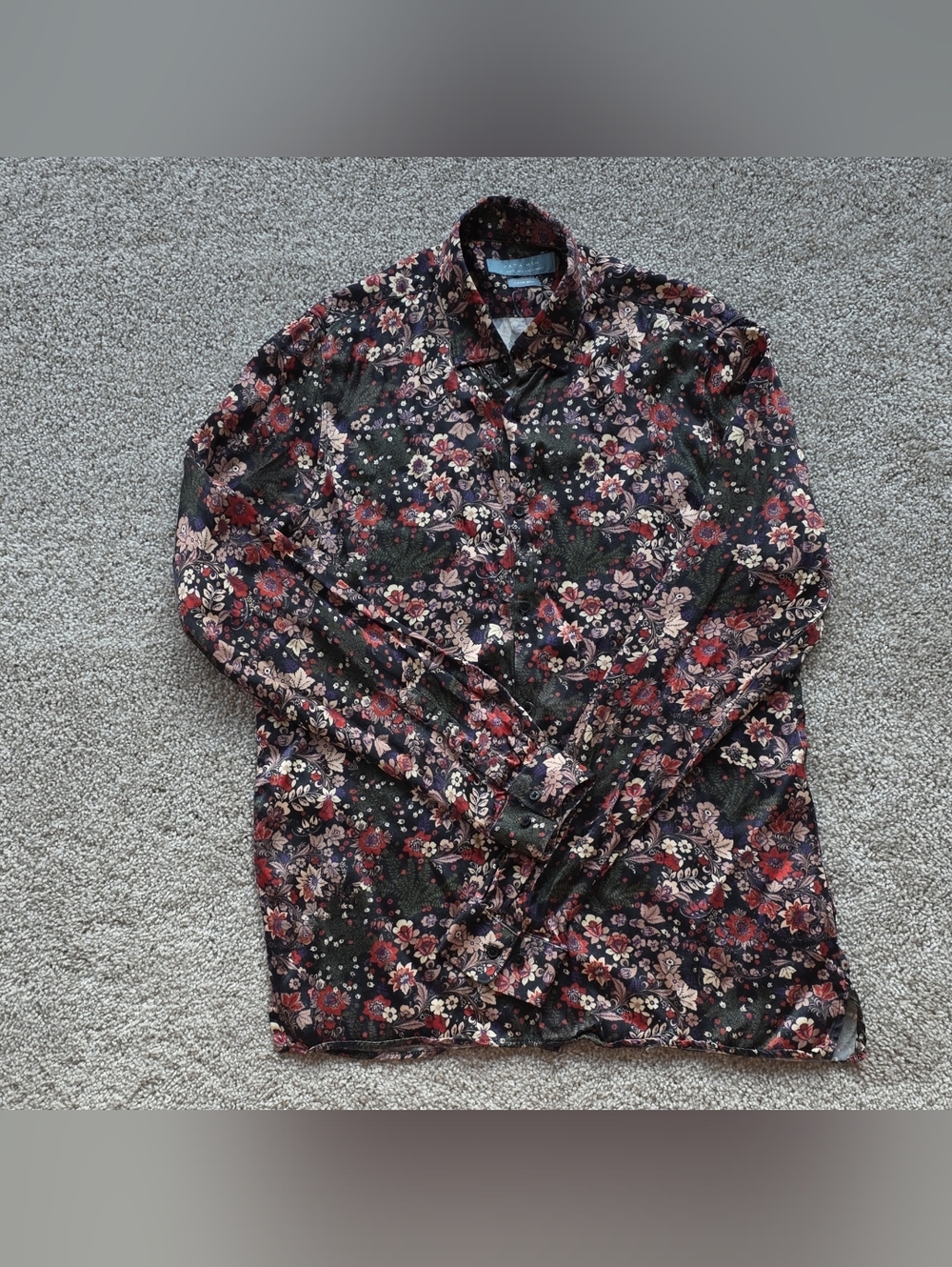 Zara Navy Button-Up Shirt with Red & Pink Floral Print